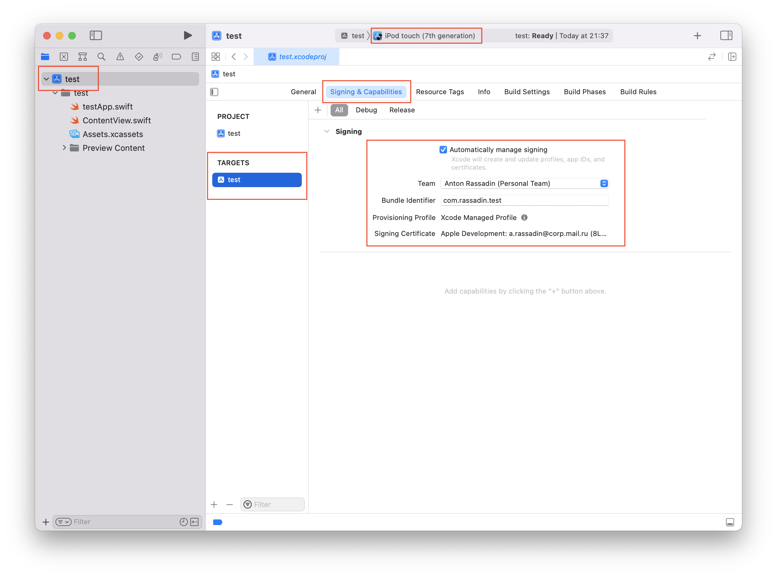 Signing & Capabilities settings