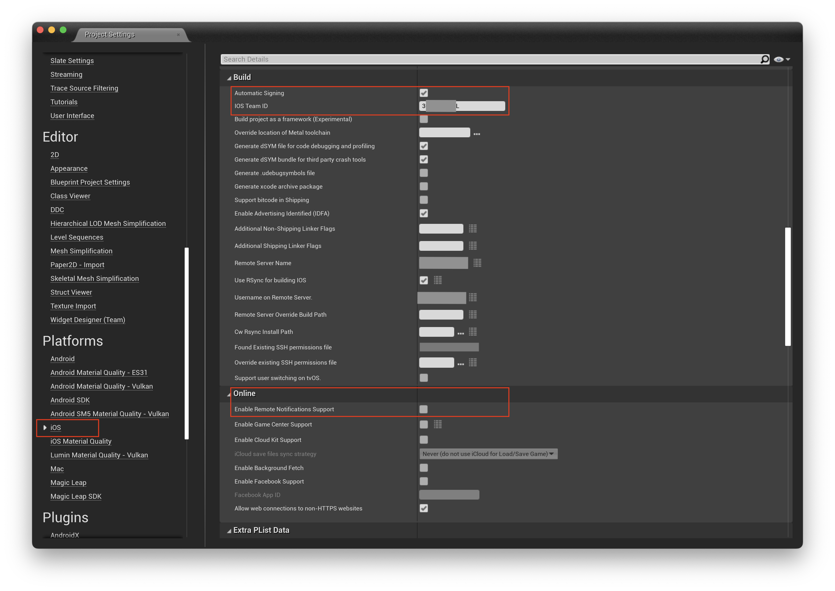 Unreal Engine Project settings window